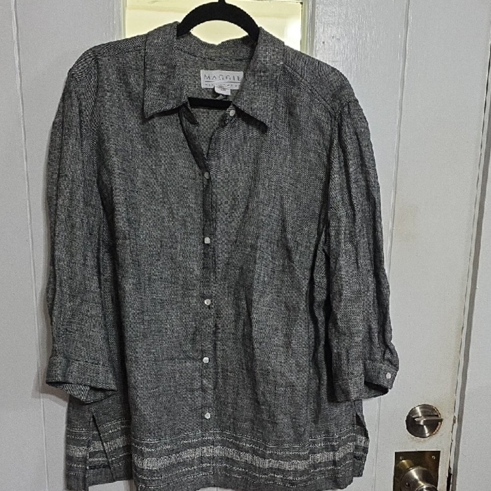 Maggie McNaughton Women's 100% Linen‎ Shirt Black White Buttons Sz 1X EUC